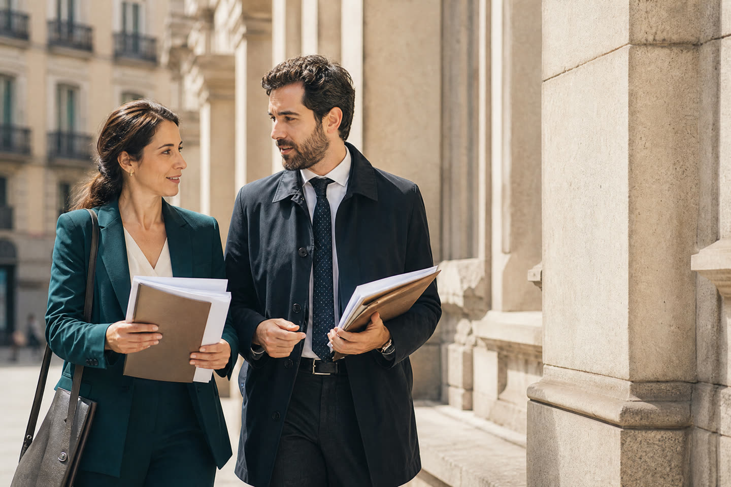 Dos profesionales de relaciones laborales conversan con documentación